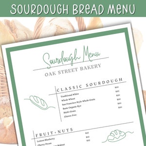 Menu de pão de massa fermentada, lista de preços e opções; Menu Padaria Personalizado; Home Baker ou Padaria; Modelo para impressão; Download digital EDITÁVEL do Canva