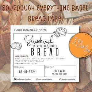 Etiqueta de ingredientes para pan de masa madre con sabor a bagel, hecha con cartón; pegatina rectangular para panaderos caseros o panaderías; plantilla DIY