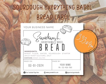 Sourdough Everything Bagel Flavor Bread Ingredient Label, Made On & Made By Card; Rectangle Sticker For Home Baker or Bakery; DIY Template