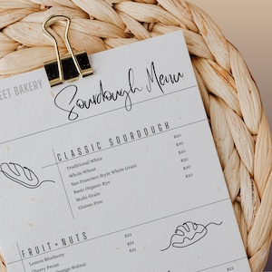 Menu de pão de massa fermentada, lista de preços e opções; Menu Padaria Personalizado; Home Baker ou Padaria; Modelo para impressão; Download digital EDITÁVEL do Canva