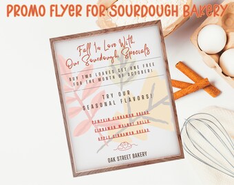 Fall Promo Flyer for Sourdough Bakery, Discount and Seasonal Bread Offerings; Home Baker or Cottage Law; Autumn EDITABLE Digital Template