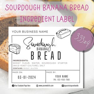 Etiqueta de ingredientes para pan de plátano con masa madre, hecha con cartón; pegatina rectangular para panaderos caseros o reposteros; plantilla digital imprimible; bricolaje