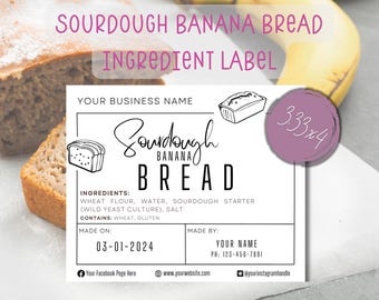 Sourdough Banana Bread Ingredient Label, Made On & Made By Card; Rectangle Sticker For Home Baker or Bakery; Printable Digital Template; DIY