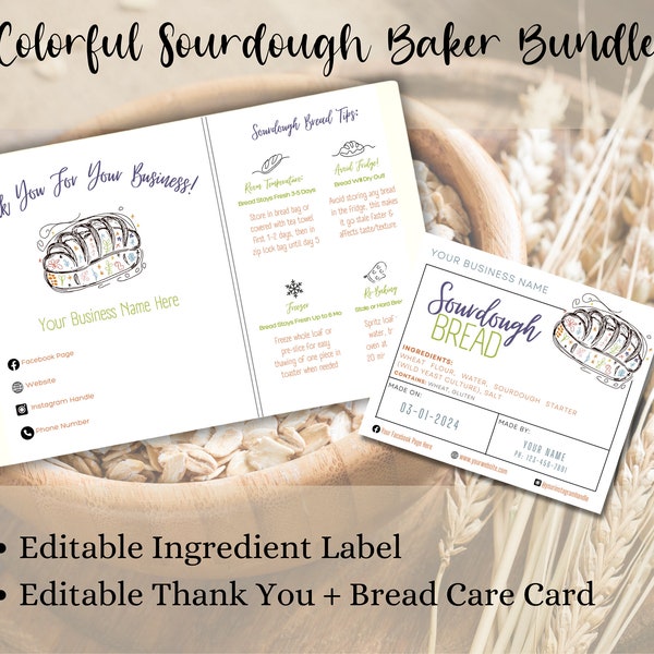 BUNDLE Colorful Sourdough Care Card, Bread Thank You; Storage Instructions; Ingredient Label; Home Bakery; EDITABLE Printable Template; DIY
