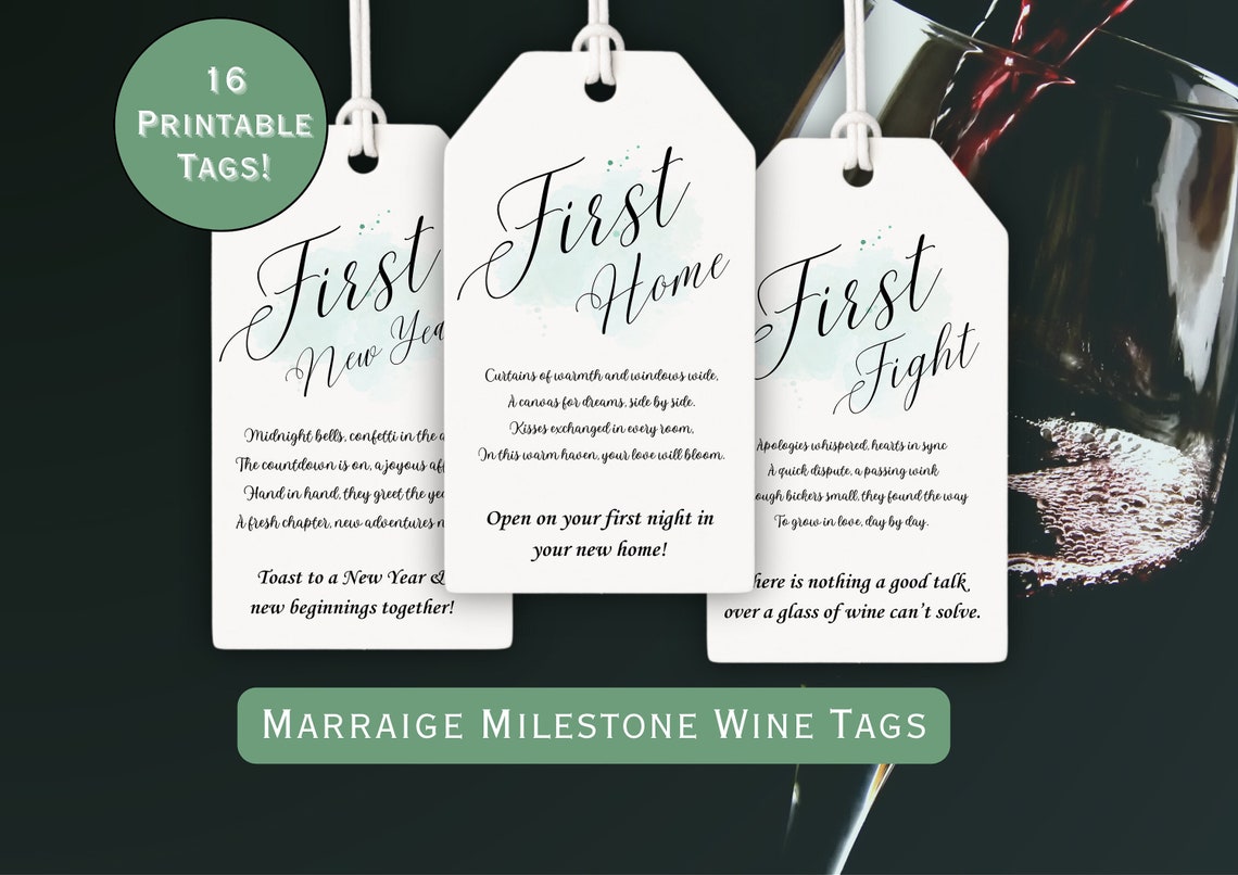 First Year of Marriage Milestone Wine Tags Newlywed Gift Basket Wine ...