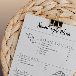 Menu de pão de massa fermentada, lista de preços e opções; Menu Padaria Personalizado; Home Baker ou Padaria; Modelo para impressão; Download digital EDITÁVEL do Canva