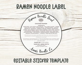 Cottage Law Ramen Ingredient Label, Ramen Noodle Business Label; Custom Round Stickers For Home Baker; Printable Template; Editable Download