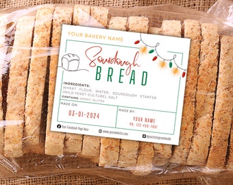 Christmas Ingredient Label, Holiday Bread Stickers For Home Baker or Bakery; Red Green Printable Sourdough Template; EDITABLE Download