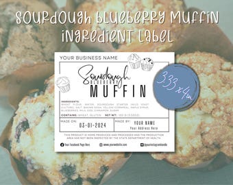 Sourdough Blueberry Muffin Ingredient Label, Made On & Made By Card; Rectangle Sticker For Home Baker or Bakery; Printable Template DIY