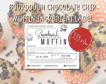 Sourdough Chocolate Chip Muffin Ingredient Label, Made On & Made By Card; Rectangle Sticker For Home Baker or Bakery; Printable Template DIY