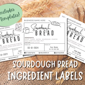 サワードウ原料ラベルバンドル、パン製造日と製造者、ホームベーカリーまたはベーカリー用のカスタムステッカー、印刷可能なテンプレート、編集可能なダウンロード