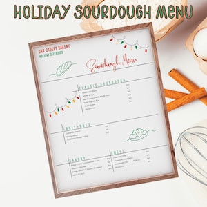 Menu de Noël pain au levain, prix saisonniers et liste d'options ; Menu de pain personnalisé pour les Fêtes ; Boulangerie familiale ou boulangerie ; Modèle numérique imprimable