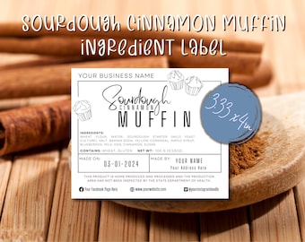 Sourdough Cinnamon Muffin Ingredient Label, Made On & Made By Card; Rectangle Sticker For Home Baker or Bakery; Printable Template DIY