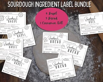 May include: Printable labels for sourdough bread, bagels, and cinnamon rolls. The labels are black and white with a handwritten font and include space for the bakery name, ingredients, and date. The labels are designed to be printed on sticker paper and applied to baked goods.