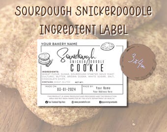 Sourdough Snickerdoodle Cookie Ingredient Label, Made On & Made By Card; Rectangle Sticker For Home Baker or Bakery; Printable Template DIY