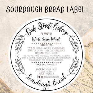Cottage Law Sauerteig-Zutatenetikettenkarte, Geschäftsetikett für Brotbäckerei; Benutzerdefinierte runde Aufkleber für Bäcker; Druckbare Vorlage; Herunterladen