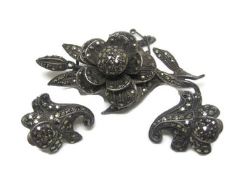 Art Deco Solid Silver Marcasite Rose Brooch and Earrings Set