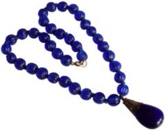 Georgian Blue glass beads necklace with pendant