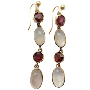 Edwardian c.1900 Gold Garnet and Moonstone drop earrings