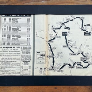 Original vintage Tour de France route map - Vintage cycling print -1953