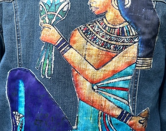 Egyptian motif applique 'Thrifted denim jacket. Upcycled denim jacket.  Thrifted skirt and jacket reimaged into wearable art