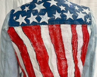 Upcycled Denim Jacket, Hand-Painted American Flag, Stars and Stripes