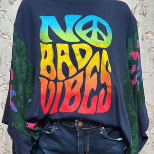 Poncho kimono top made from upcycled T shirt, table cloth and scarf.  Hand made. No Bad Vibes.  Peace. Hippy. Boho.