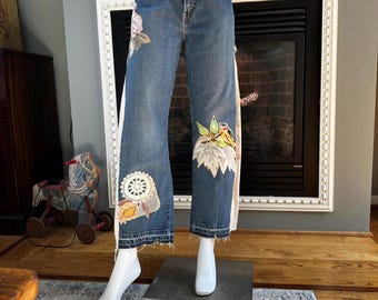 Upcycled Levi's Jeans, Barrel Leg, Seed Sack & Crochet Applique, Size 14