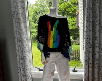 Upcycled T-Shirt Poncho Kimono Top: Rainbow Peace, Sustainable Fashion