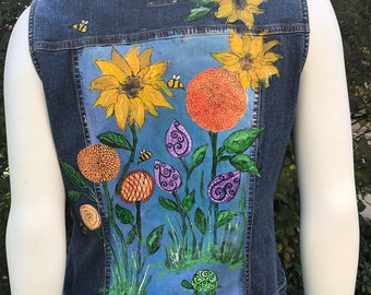 Hand painted whimsical flowers and turtle. Upcycled hand painted denim vest. Sustainable fashion Christmas gift.