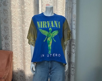 Upcycled Nirvana T-Shirt Poncho Kimono, Handmade Scarf Top