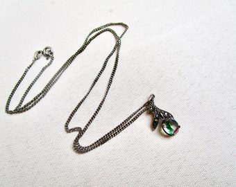 Dainty, old silver chain with rhinestone pendant
