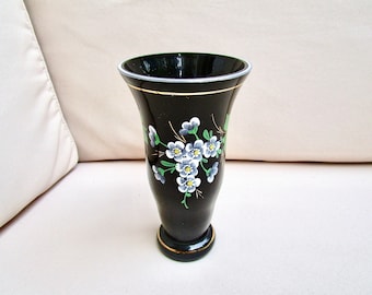 Beautiful painted black glass vase