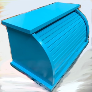 May include: A light blue wooden bread box with a roll-top lid. The lid has horizontal slats.