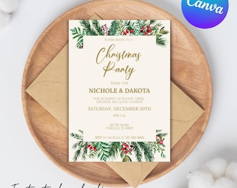 May include: A Christmas party invitation with a festive design. The invitation features a cream-colored background with gold text and watercolor greenery. The invitation is on a wooden plate with a brown envelope.