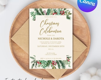 May include: A Christmas Celebration invitation with a festive design. The invitation features a cream-colored background with gold text and watercolor greenery and red berries. The invitation is on a wooden plate with a brown envelope. Text reads "Instant download!"