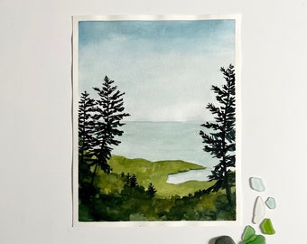 Original Watercolor Landscape ‘Acadia View’ | Bright Abstract Landscape Painting | Acadia National Park, Maine [8x10"]