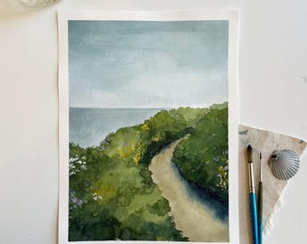 Original Watercolor Painting ‘View from the Trail’ Series 9x12 | Abstract Maine Landscape Painting | Nature Wildflower Artwork | Coastal Art