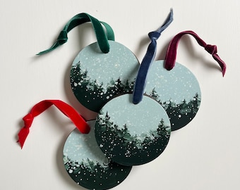 Hand Painted Tree Ornaments ‘Winter Wonderland’ Collection | Painted Wood Christmas Ornaments with Gift Bag [3”]