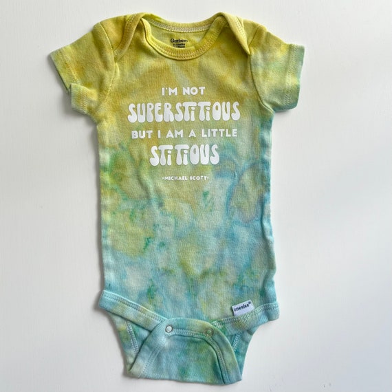 Tie Dye The Office Baby Onesie ‘I’m Not Superstitious, I Am a Little Stitious’| The Office Quotes | Unique Baby Gift | 0-3 months