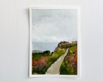 Original Watercolor Landscape ‘Trail Along the Coast’ Series | Bright Abstract Coastal Painting | Maine Coast Painting [5x7"]
