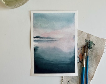 Original Watercolor Painting ‘Sunset Reflections’ 5x7 | Bright Abstract Landscape Paintings | Abstract Minimalist Art | Maine Beach Painting