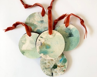 Hand Painted Tree Ornaments ‘Upcycled Abstract’ Collection | Painted Wood Christmas Ornaments with Gift Bag [3”]