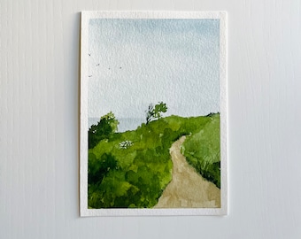 Original Watercolor Landscape ‘Trail Along the Coast’ Series | Bright Abstract Summer Coastal Painting | Maine Coast Painting [5x7"]