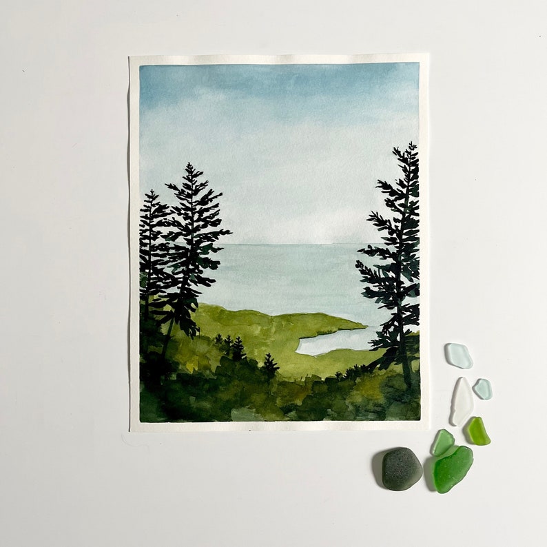 Original Watercolor Landscape Acadia View Bright Abstract Landscape Painting Acadia National Park, Maine 8x10 image 1