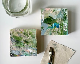 Abstract Drop Cloth Miniscapes on Wood | Upcycled Abstract Artwork Made from Canvas Drop Cloth | 4x4x1.5”