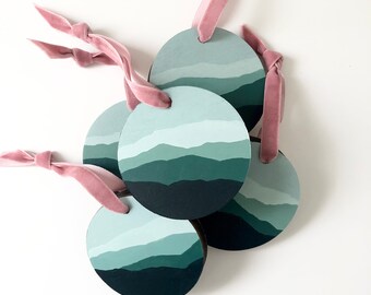 Hand Painted Tree Ornaments ‘Mountains’ Collection | Painted Wood Christmas Ornaments with Gift Bag [3”]