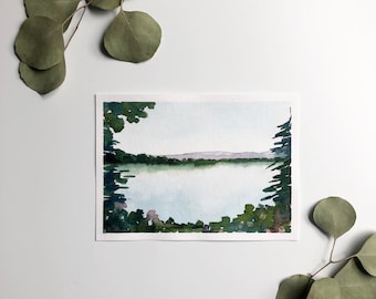 Original Watercolor ‘Lake Through the Trees’ | Abstract Landscape Painting [5x7"]