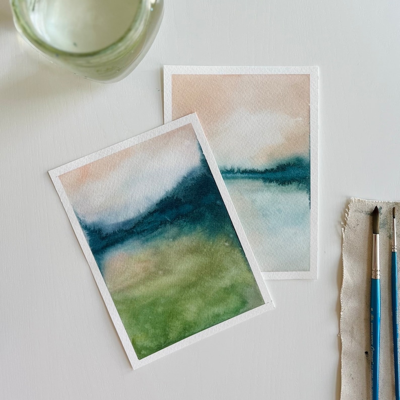 Original Watercolor Paintings Reflections Bright Abstract Landscape Paintings Abstract Minimalist Art sold separately 5x7 image 1