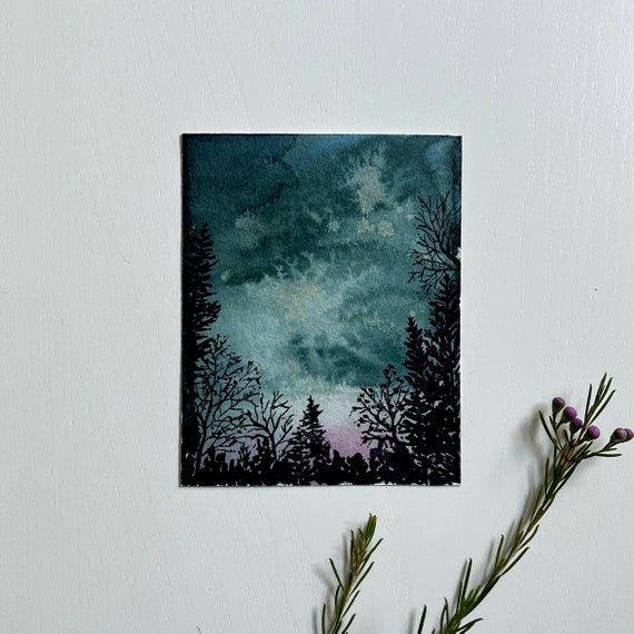 Original Watercolor Study | Night Sky Forest Silhouette Painting | Abstract Landscape Artwork [4x5”]